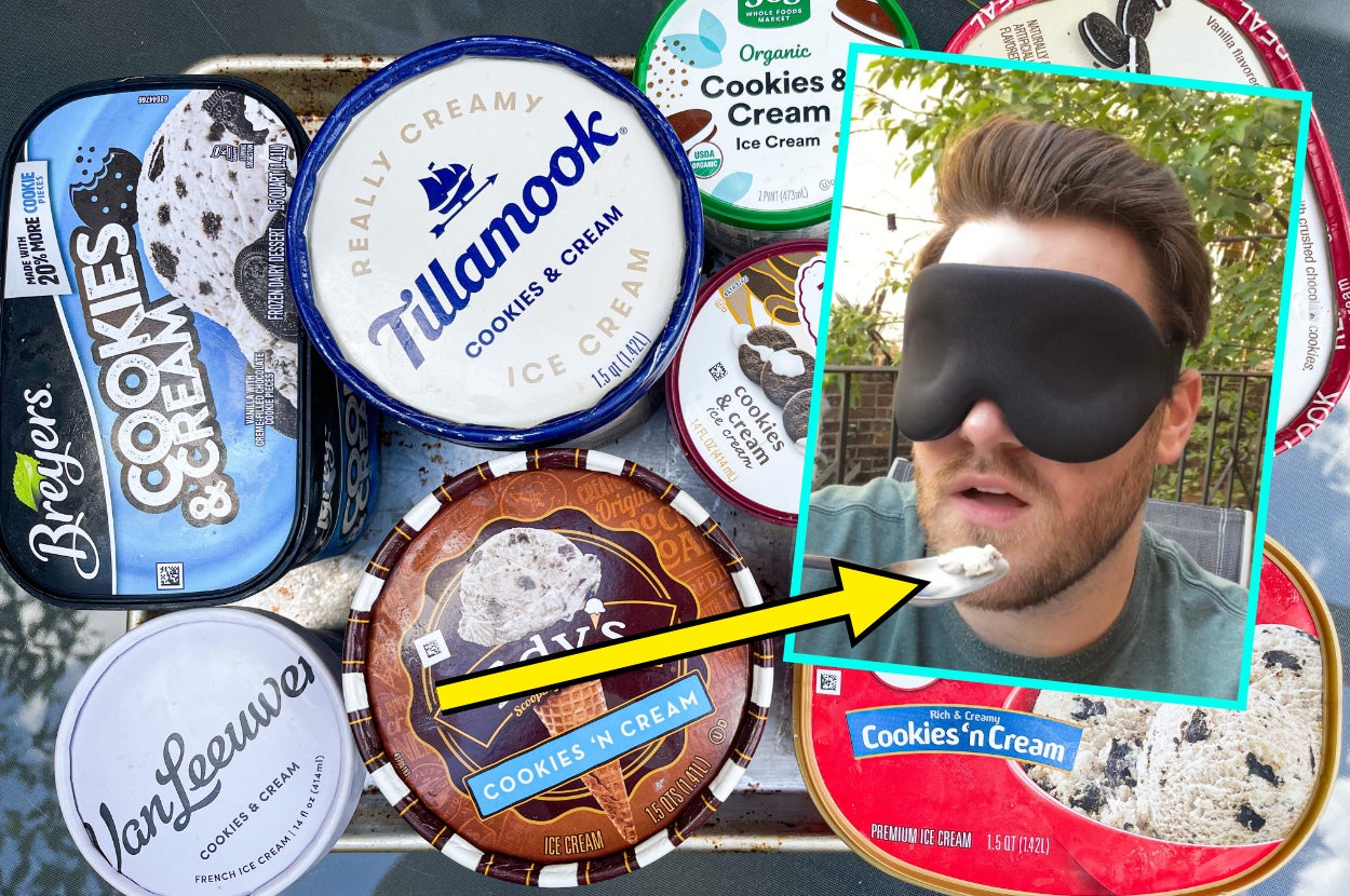 Various ice cream brands with author taking a bite of ice cream overlaid