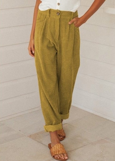 model wearing yellow pants