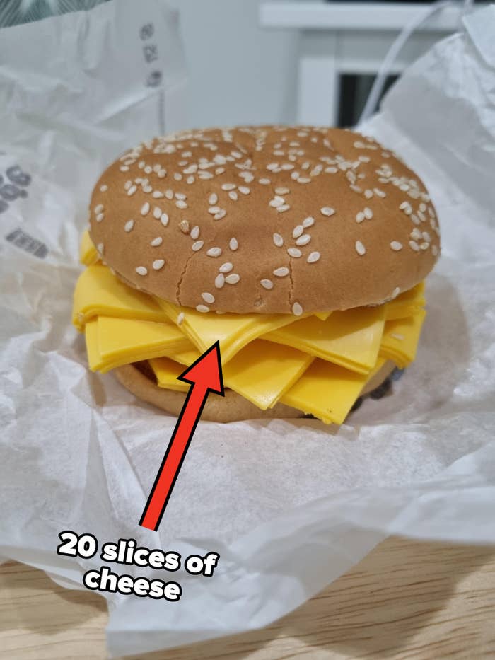 real cheeseburger with 20 slices of american cheese and no beef
