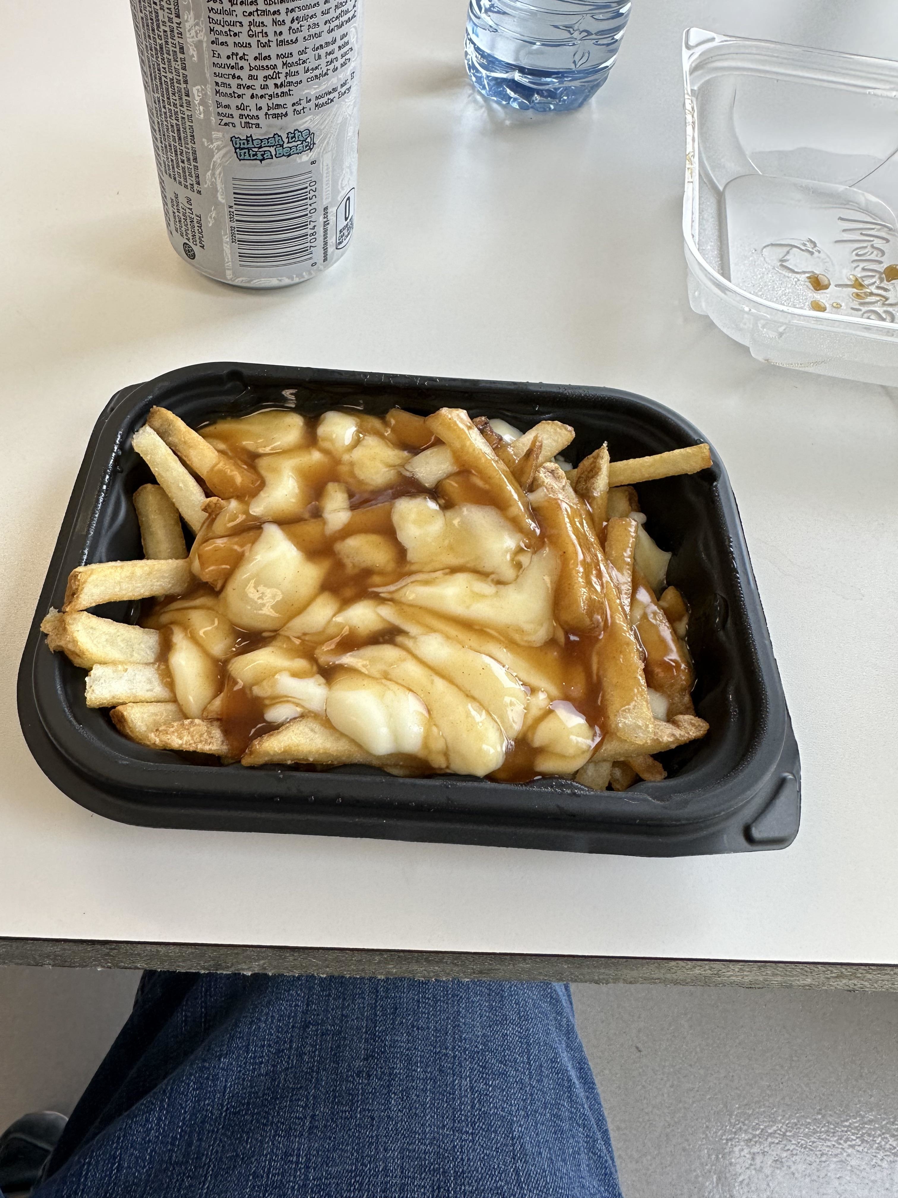 fries, gravy, and melted cheese in a to-go box