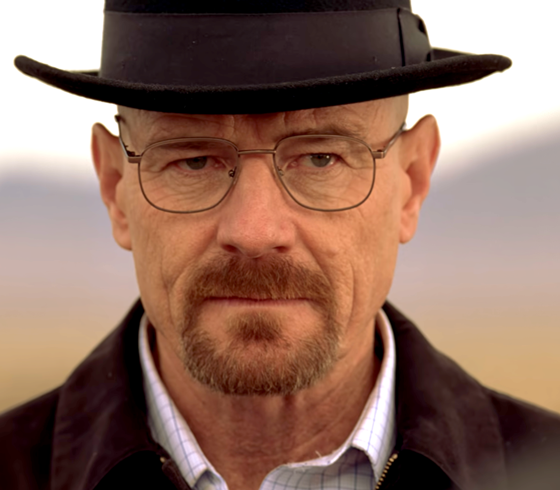 a close up of Walter White looking at someone