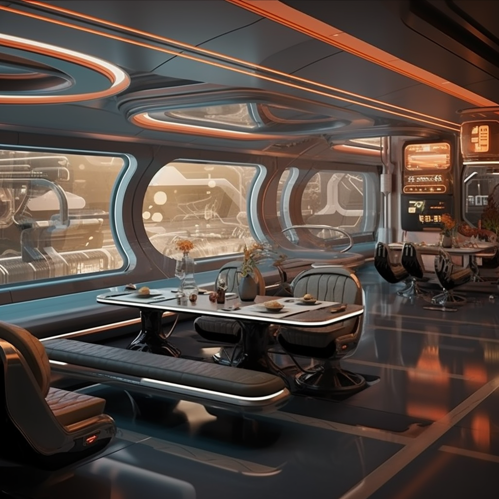 The inside of a restaurant from the future with tables