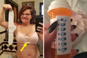 on the left a bra liner, on the right a daily reminder tab on a pill bottle