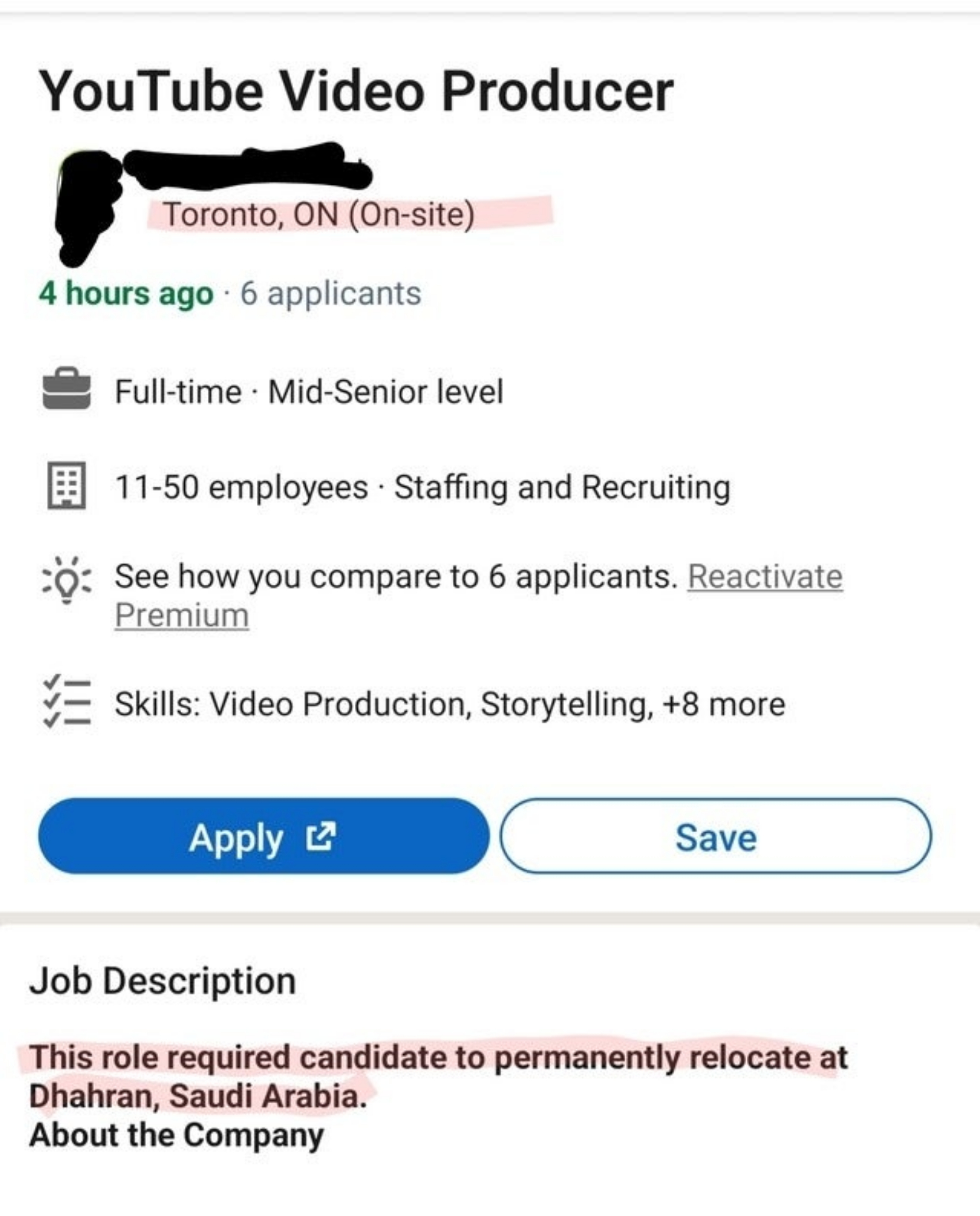 YouTube video producer ad says job is on-site in Toronto, but the job description says the role requires candidate to &quot;permanently relocate&quot; to Saudi Arabia