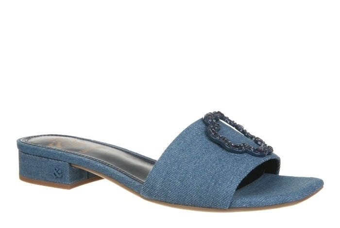 blue denim sandal with embellished buckle