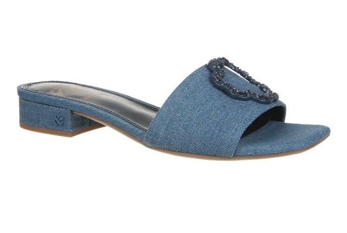 blue denim sandal with embellished buckle