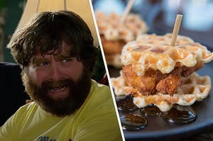 Alan from "The Hangover" and waffles with fried chicken.