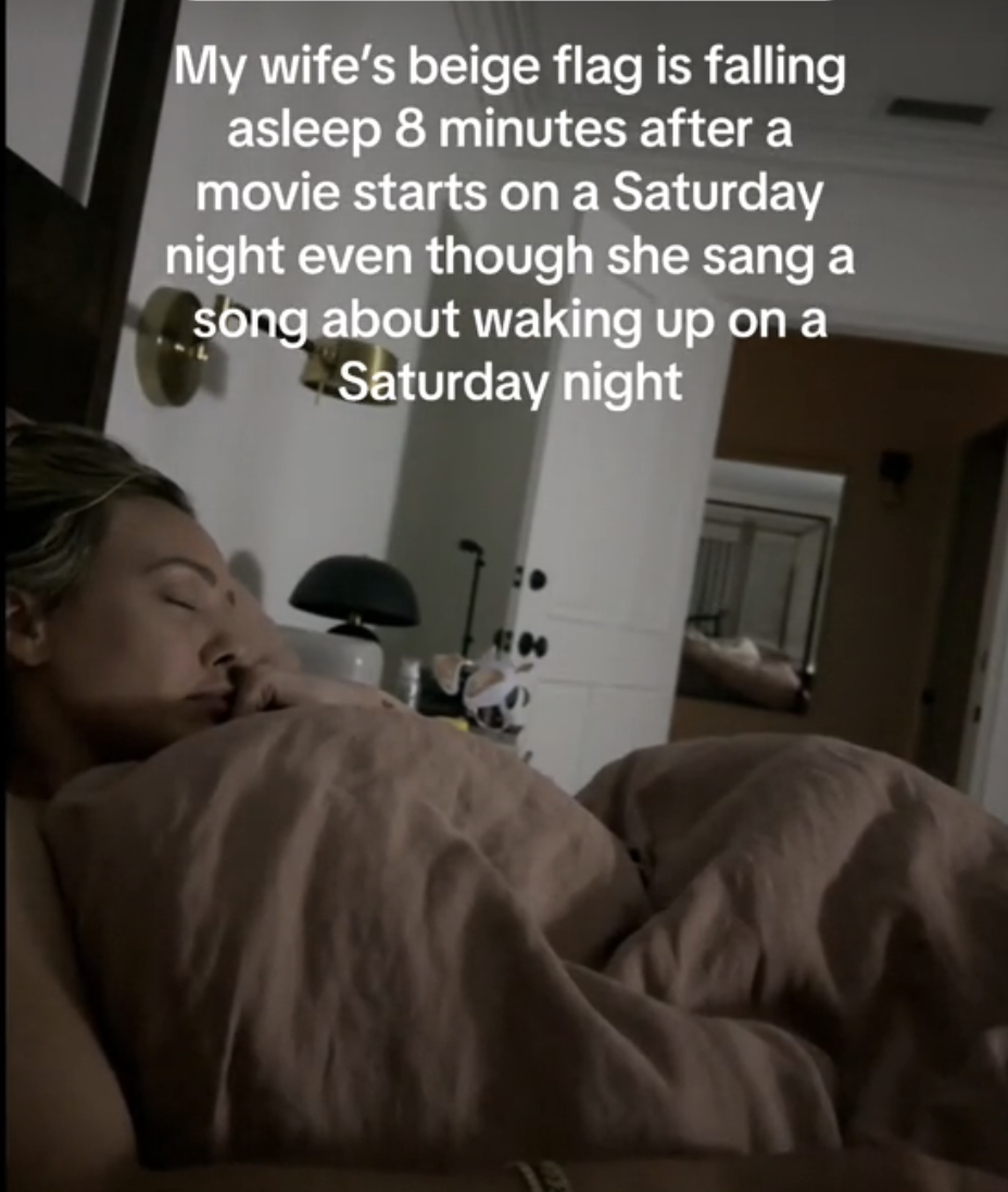 Hilary Duff napping with the caption &quot;my wife&#x27;s beige flag is falling asleep 8 minutes after a movie starts on a saturday night even though she sang a song about waking up on a saturday night&quot;