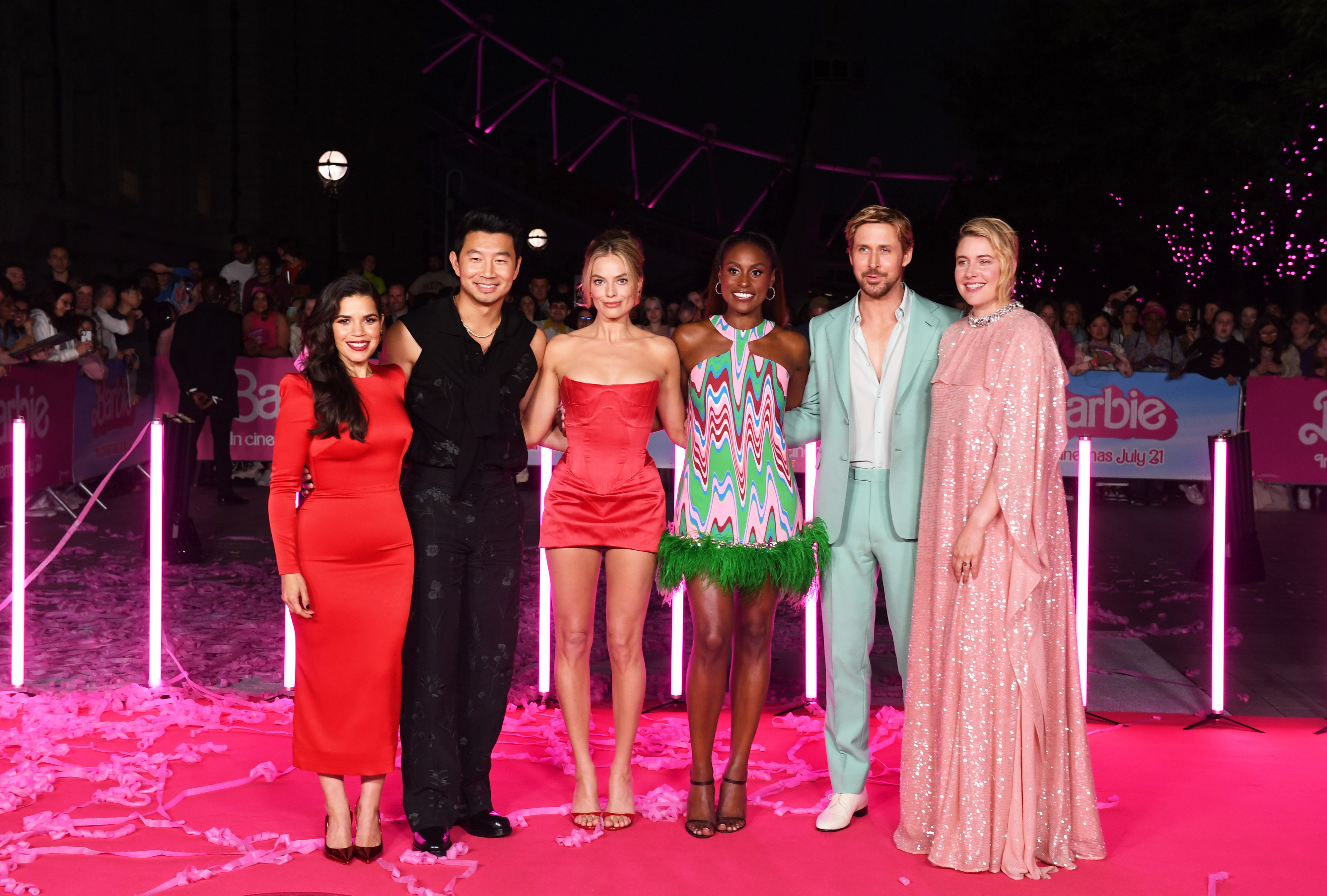 America Ferrera, Simu Liu, Margot Robbie, Issa Rae, Ryan Gosling, and Greta Gerwig on the pink carpet