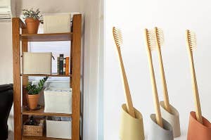 cloth storage bins in a decorative shelving unit on the left and toothbrushes inside minimalist toothbrush holders on the right