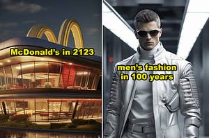 A side-by-side of a futuristic-looking McDonald's and a man in silver clothes