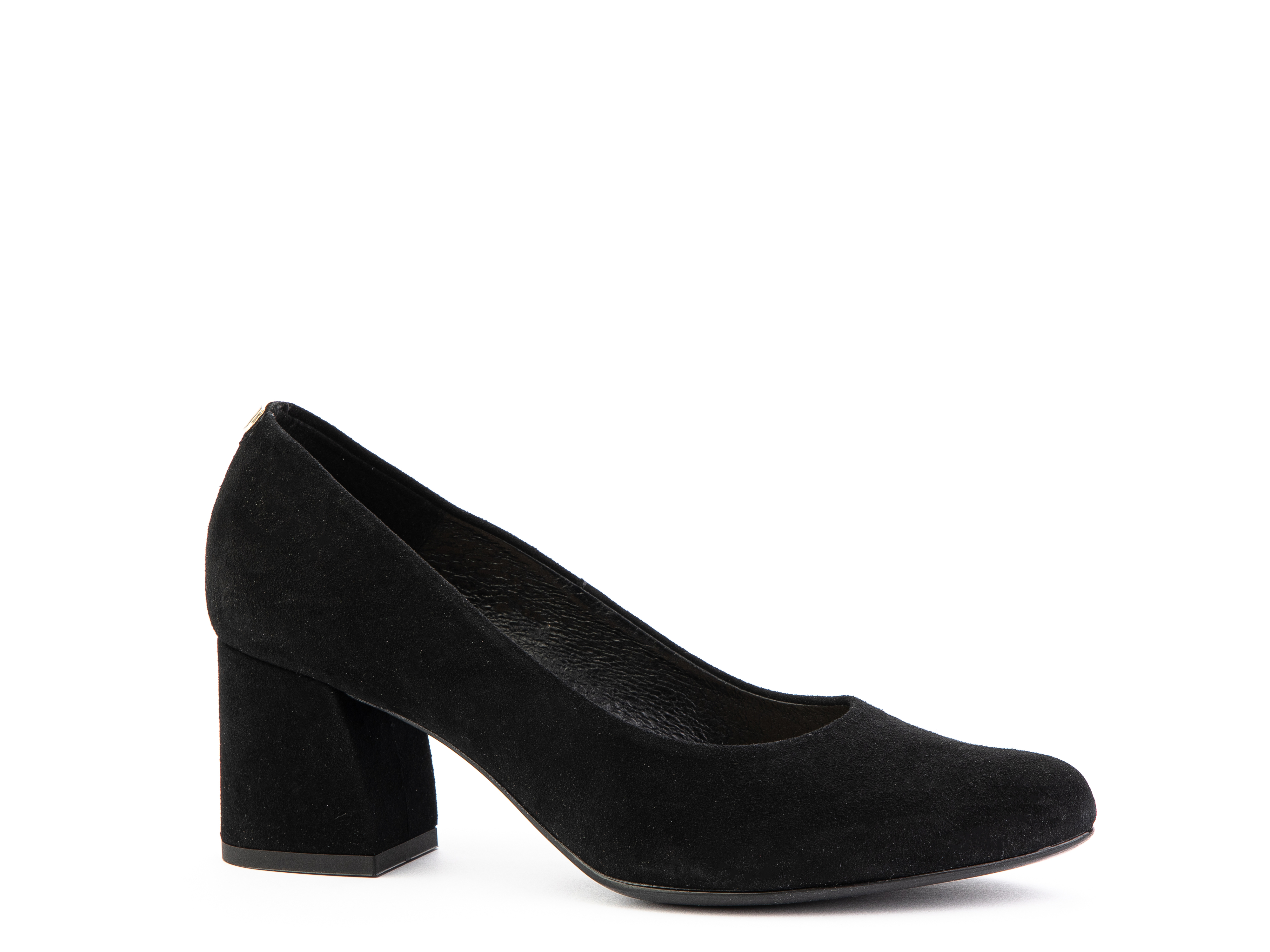 A black closed toe shoe with a short, chunky heel
