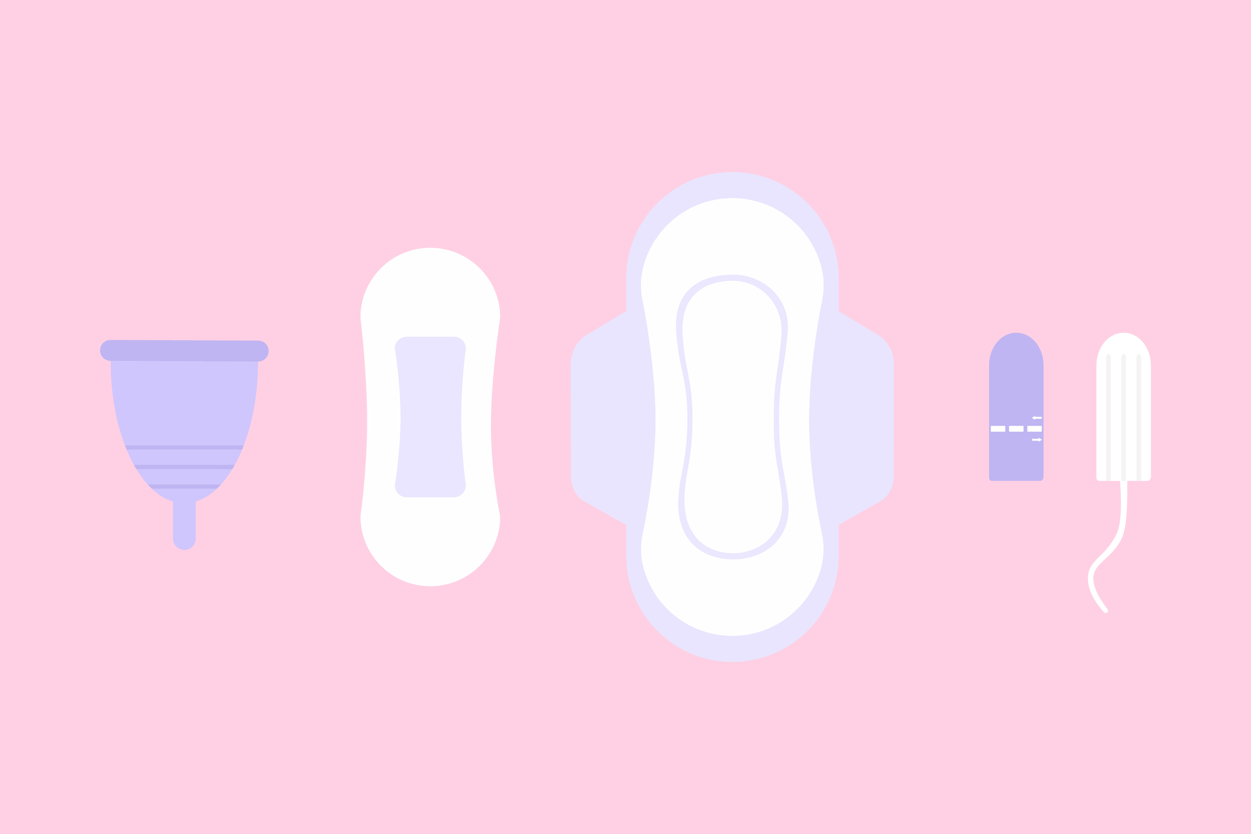 A graphic showing a menstrual cup, a pantyliner, a sanitary towel and a tampon