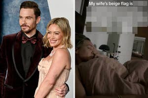 Hilary and Matthew Koma side by side with her napping and matthew posting about her beige flag