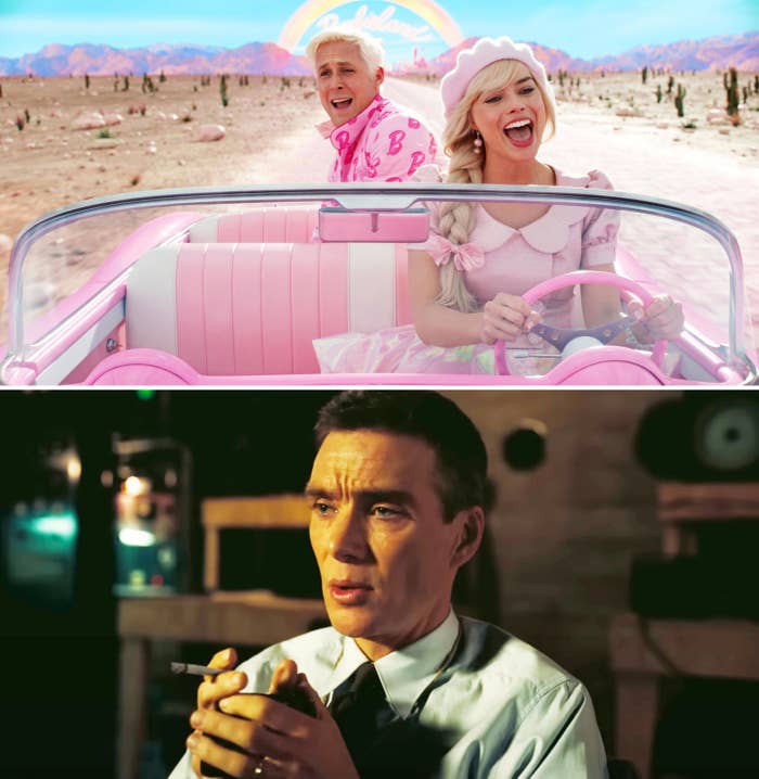 Barbie and Ken in a convertible car in the top image and then Oppenheimer smoking in the bottom photo