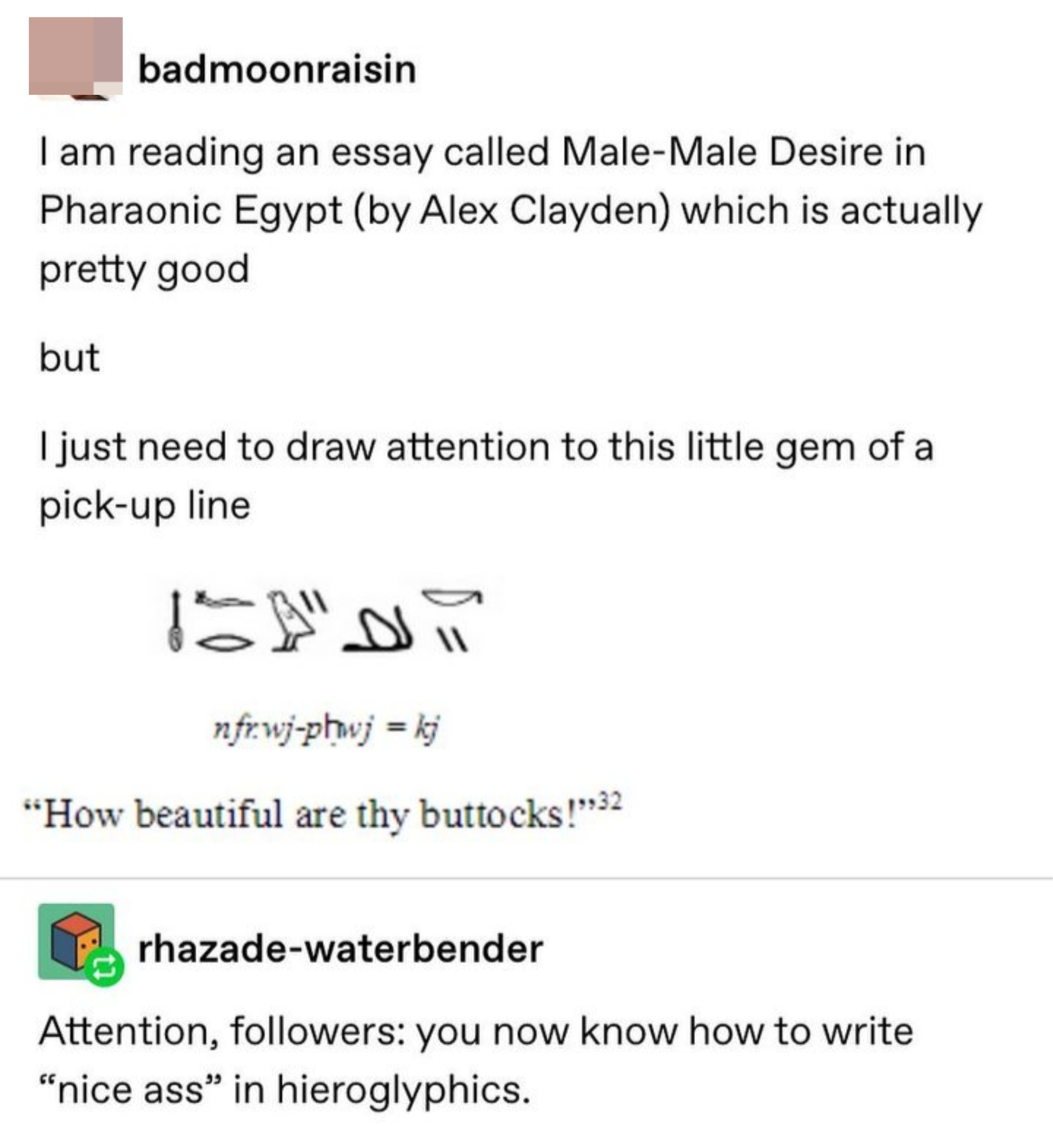 &quot;Attention, followers: you now know how to write &#x27;nice ass&#x27; in hieroglyphics.&quot;