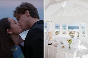 On the left, Belly and Conrad from The Summer I Turned Pretty kissing, and on the right, a bright bedroom with a perfect view of the ocean
