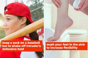 A split thumbnail, with two images- one showing a woman with a baseball bat, and one showing a foot