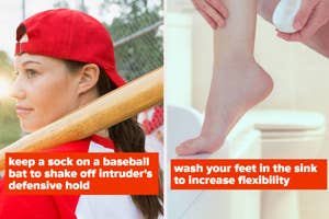 A split thumbnail, with two images- one showing a woman with a baseball bat, and one showing a foot