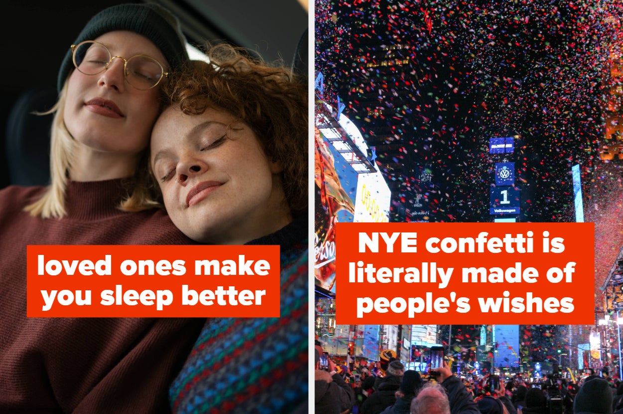 A split thumbnail with two images - one showing two women sleeping with smiles on their faces and one showing the night sky with confetti. Text on each reads "loved ones make you sleep better" and "NYE confetti is literally made of people's wishes!