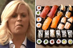 woman gagging at a picture of sushi