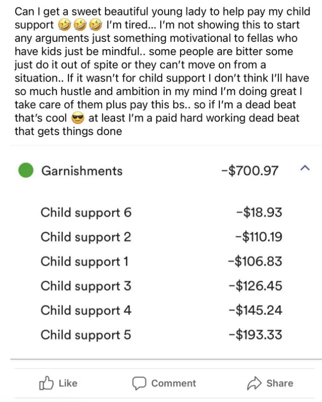 They&#x27;re looking for a &quot;sweet beautiful young lady&quot; to help pay their child support &#x27;cause they&#x27;re tired; they&#x27;re posting this as &quot;just something motivational to fellas who have kids&quot; and showing their garnishments totalling $700