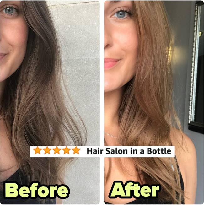 A before and after photo with the reviewer using the lightener and the after photo is lighter hair