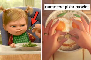 baby riley from inside out looking at a piece of broccoli on the left and congee on the left with egg eyes and a mushroom nose on the right