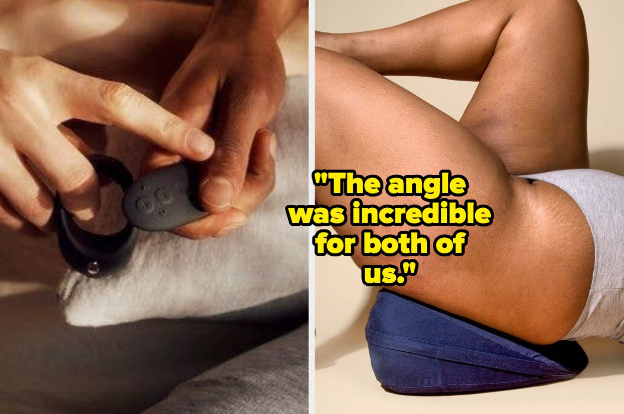 Couple holding black cock ring and wireless remote and model posing on blue wedge sex pillow