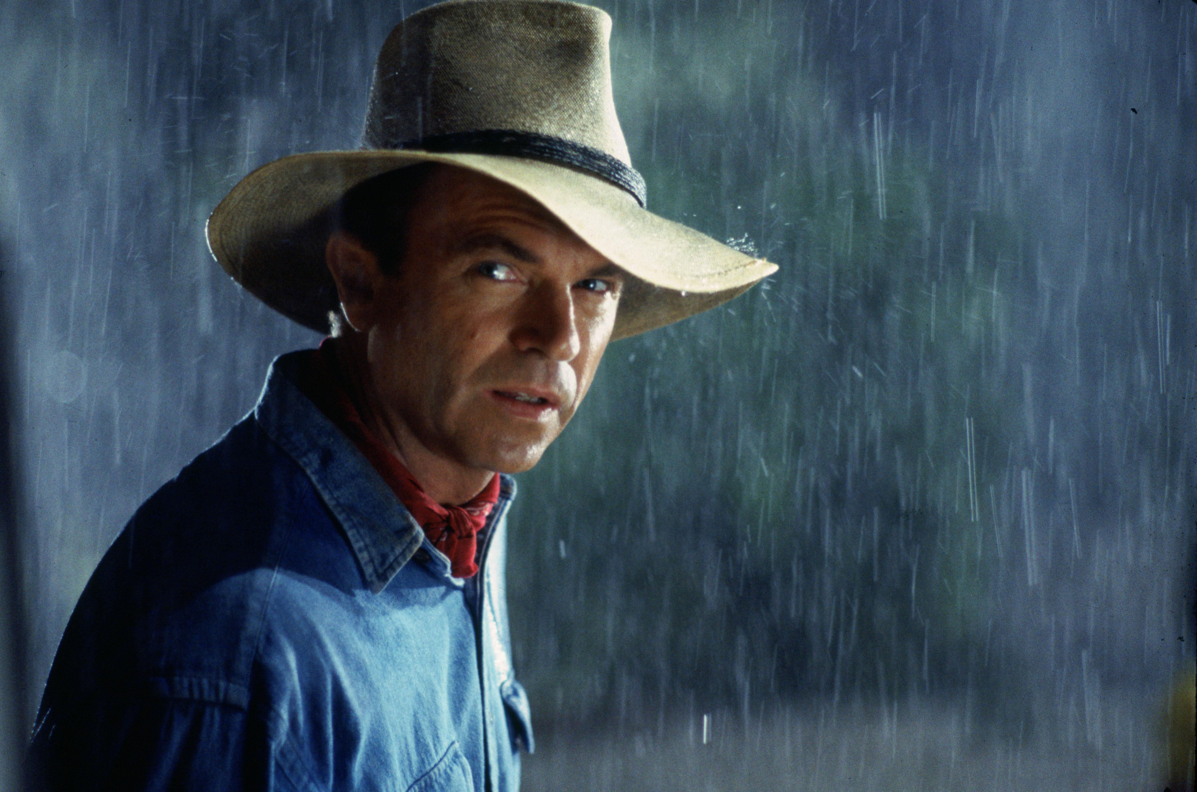 Sam Neill wearing a hat while it&#x27;s raining in Jurassic Park