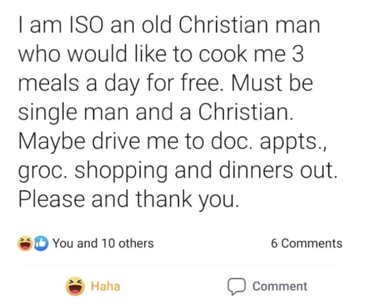 &quot;ISO an old Christian man who would like to cook me 3 meals a day for free; must be a single man and a Christian&quot; and &quot;maybe drive me to doc appts, grocery shopping and dinners out; please and thank you&quot;