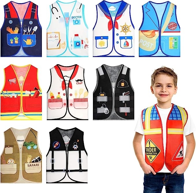 Ten different multi-colored helper vests and a child modeling one of them