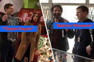 Andy Samberg holds a zebra print shirt to Chelsea Peretti near a Christmas display / Andy Samberg cringes at a grinning Jason Mantzoukas