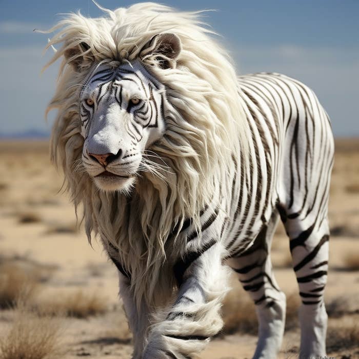 A lion with white and black stripes, like a zebra