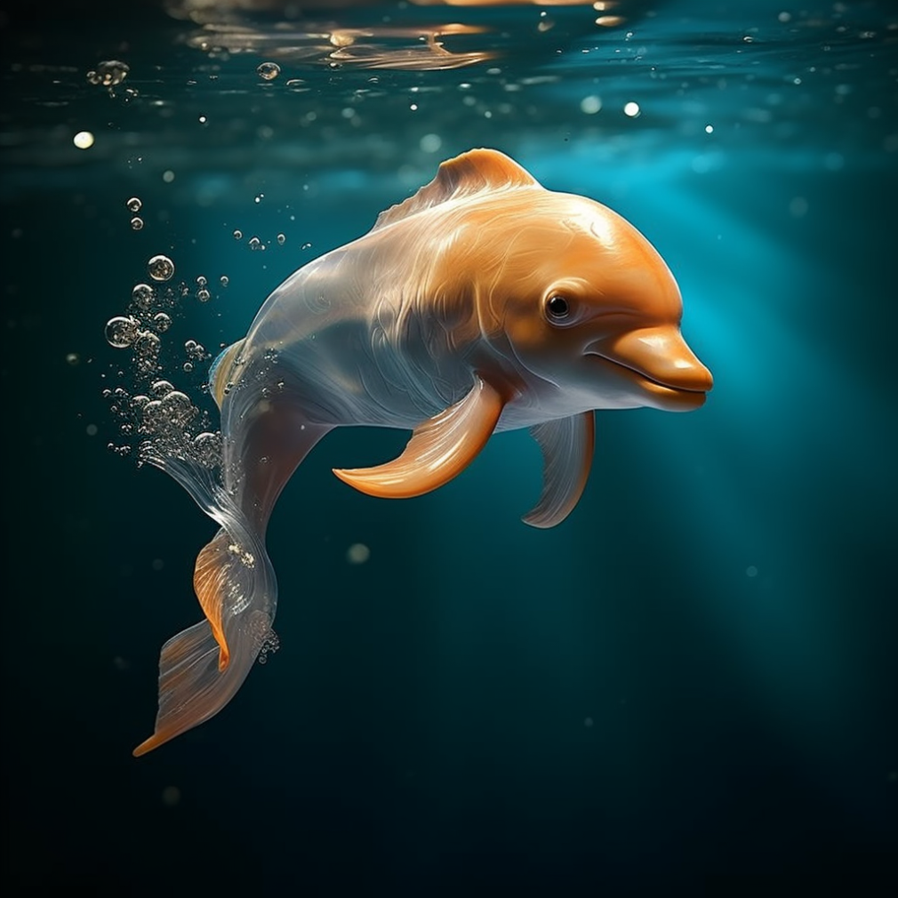 An orange dolphin in the water with flowing fins