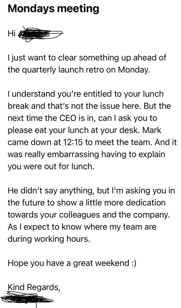 boss asking people to take their lunches at their desk when the ceo visits