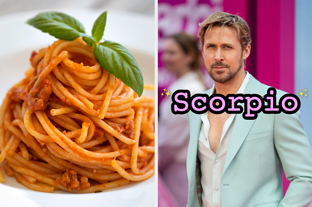 On the left, some spaghetti bolognese, and on the right, Ryan Gosling labeled Scorpio