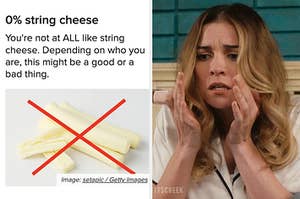 A quiz result for 0% string cheese and Alexis from Schitt's Creek looking shocked