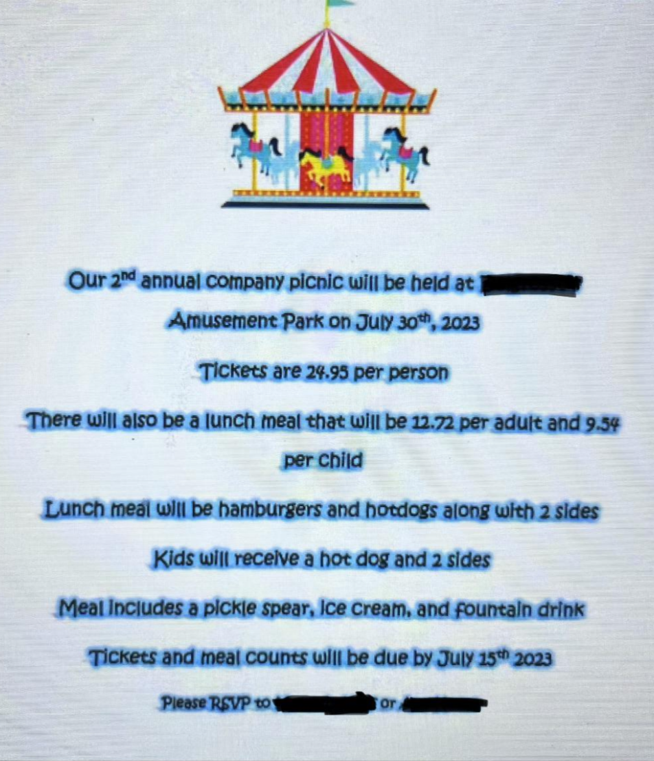 tickets for the event are almost $30 plus employees would have to pay for their own meal
