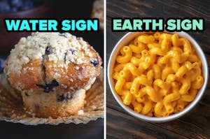 On the left, a blueberry muffin with a crumb top labeled water sign, and on the right, some mac and cheese labeled earth sign