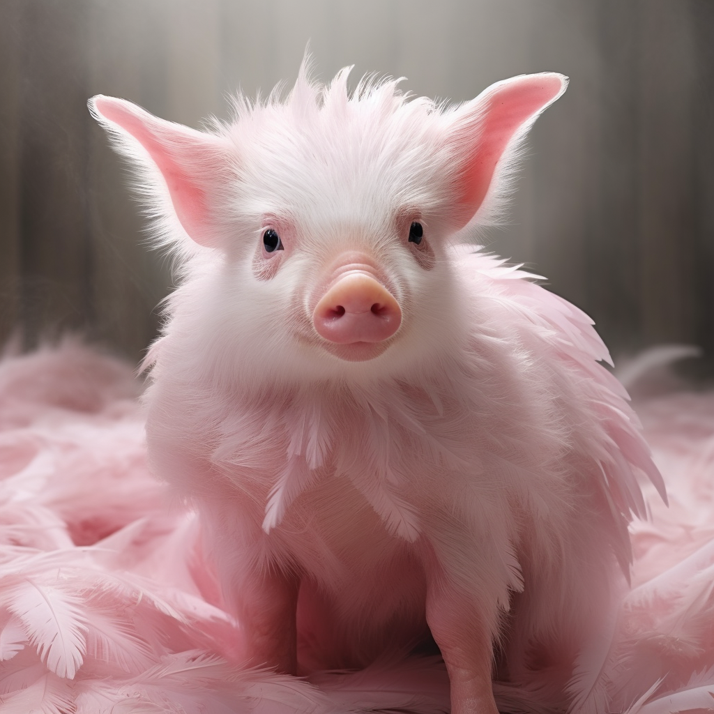 A pig&#x27;s face on the body of a chicken, with pink feathers