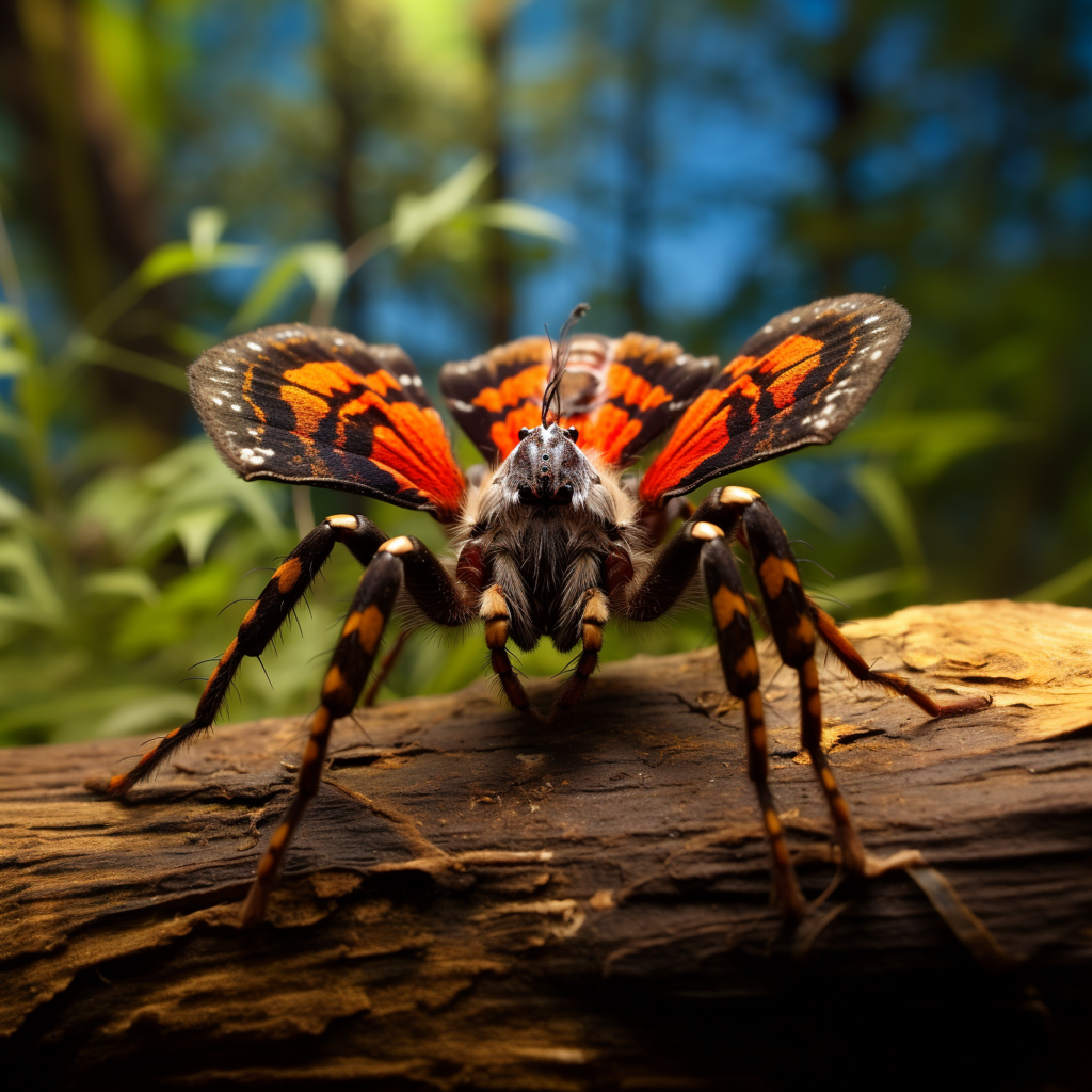 A tarantula with orange and black wings