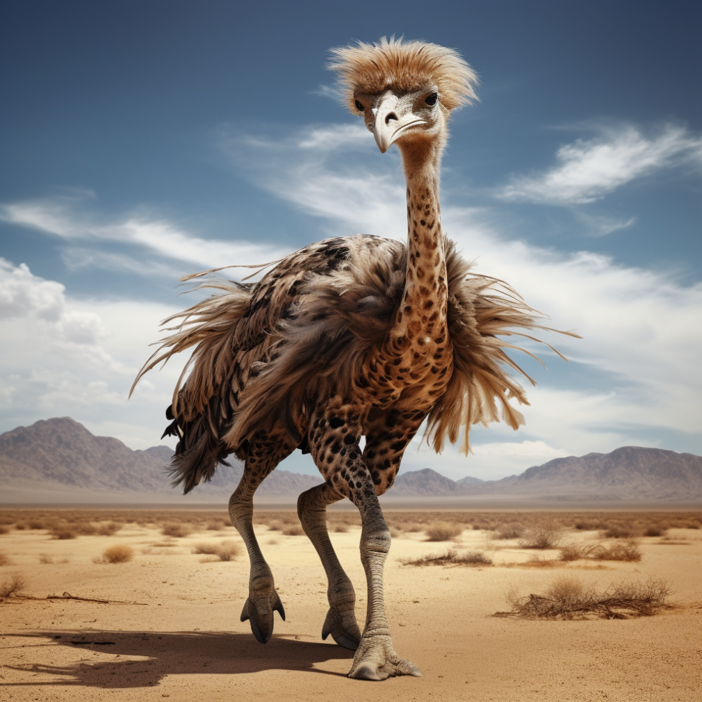 A three-legged ostrich with the neck and spots of a giraffe