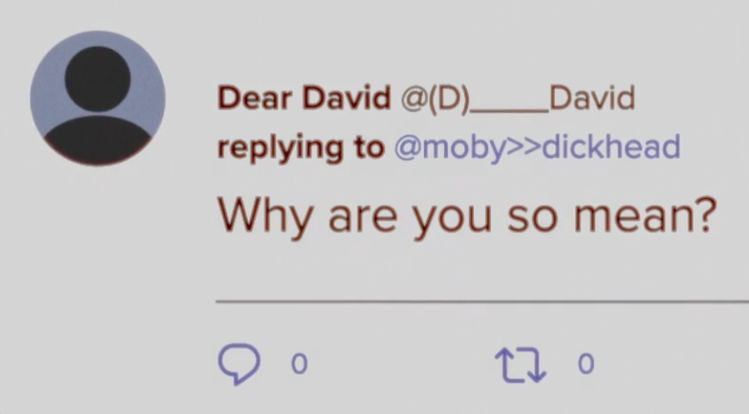 A &quot;Dear David&quot; twitter account replies to Adam, &quot;Why are you so mean?&quot;