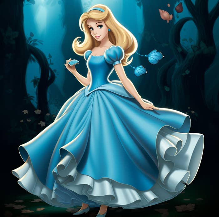 Alice from Alice in Wonderland as a princess with a long blue gown that looks like Cinderella would wear.
