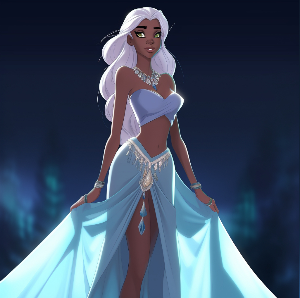 Kida from Atlantis the Lost Empire as a princess in a blue skirt and purple crop top.