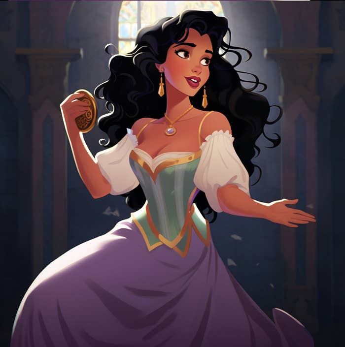 An AI version of Esmerelda holding a large coin in one hand and outstretching the other. She has on a long, purple dress.