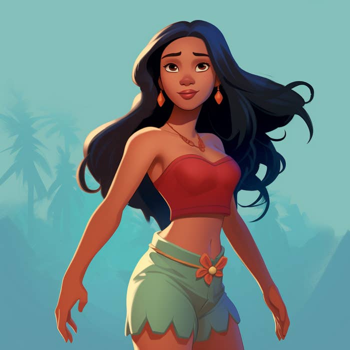 Nani from &quot;Lilo and Stich: recreated by AI. She has flowing hair, a cropped shirt, and green shorts.