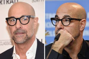 Stanley Tucci looks to the left on the red carpet vs Stanley Tucci puts his hand on mouth in an interview