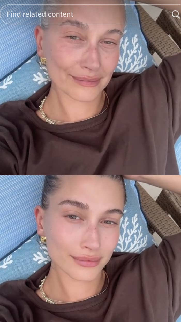 Hailey Bieber with and without the aging filter